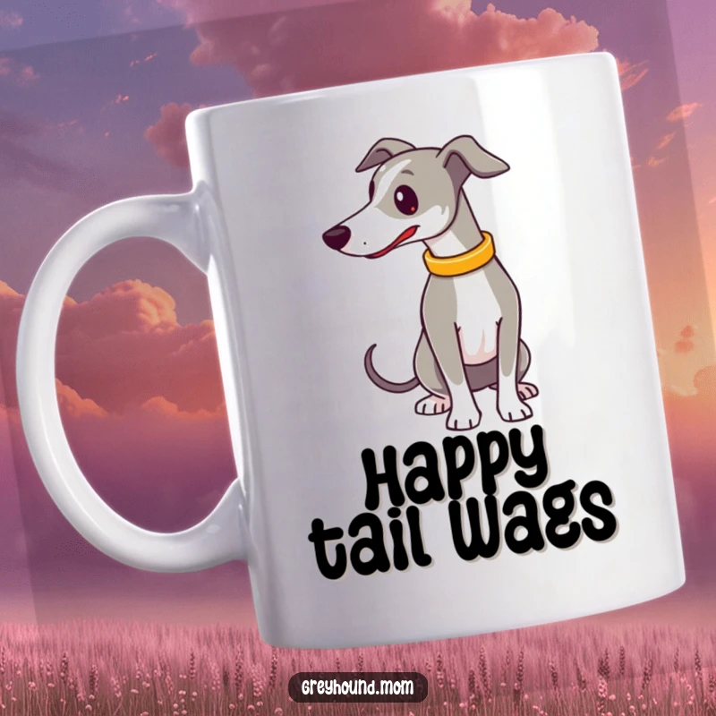 Funny Mug: A Greyhound with a sparkling collar joyfully wags its tail, radiating happiness and excitement.