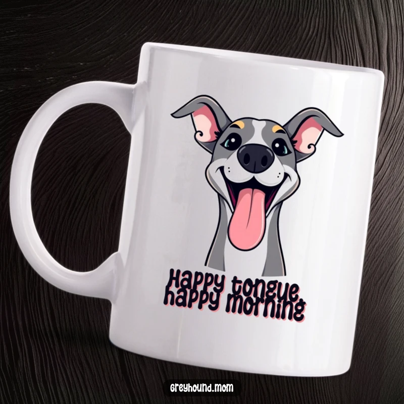 Funny Greyhound Mug with tongue lolling out in happy excitement, a perfect playful dog gift.