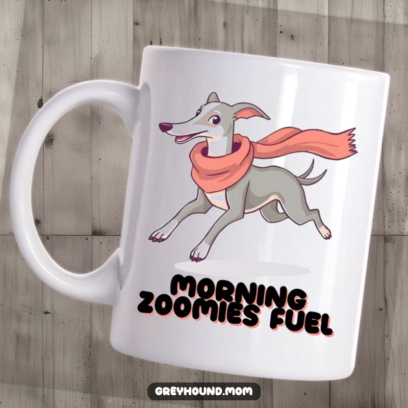 Funny Greyhound Runner Mug: Dog with flowing scarf sprinting elegantly, a humorous depiction for gift-givers.