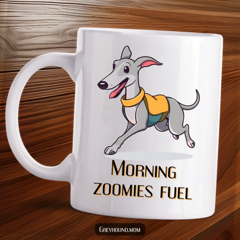 Funny mug featuring a happy Greyhound in a sporty vest trotting with pure joy and energy.
