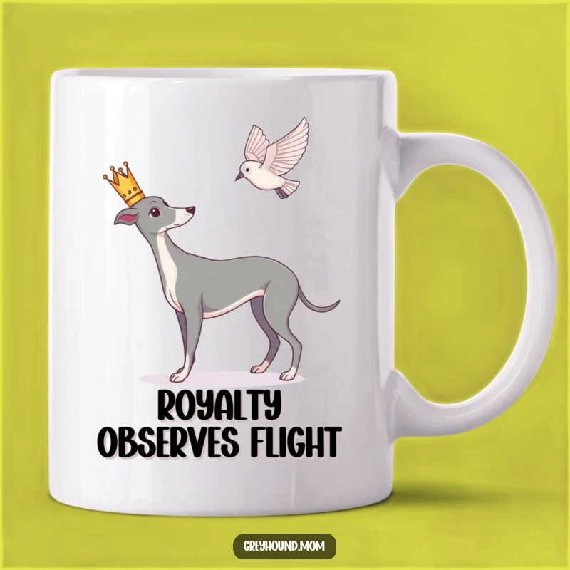 Funny Royal Greyhound Mug: Crowned King Watching Bird, Regal Gift
