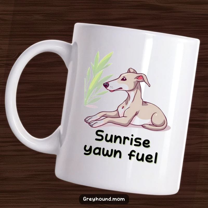 Funny Greyhound mug, relaxed dog stretching gracefully in a sunny spot, peaceful canine pose, lovely gift for dog owners.
