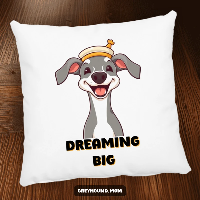 Funny Greyhound wearing a tiny opera hat, joyful grin, soft and humorous decorative pillow.