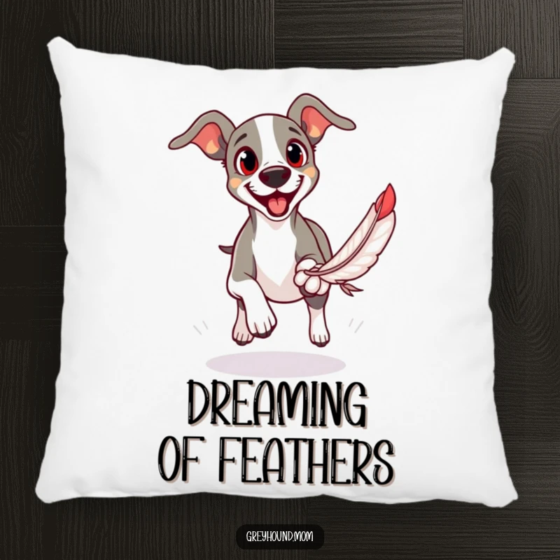 Funny pillow featuring a Greyhound with eager eyes, playfully chasing a feather toy.