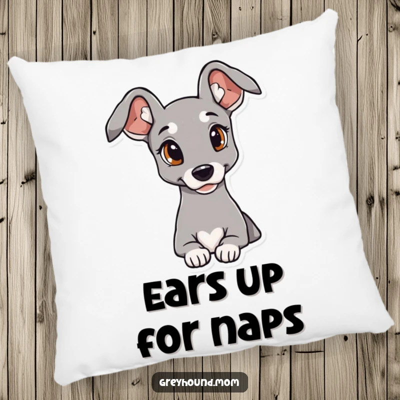 Funny Greyhound Pillow featuring elegant ears and a curious look, a soft and humorous gift.