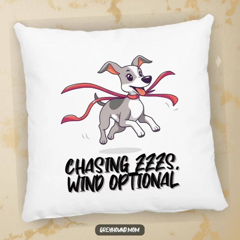 Funny Greyhound Pillow featuring a playful chase of a colorful ribbon, a soft and humorous gift.