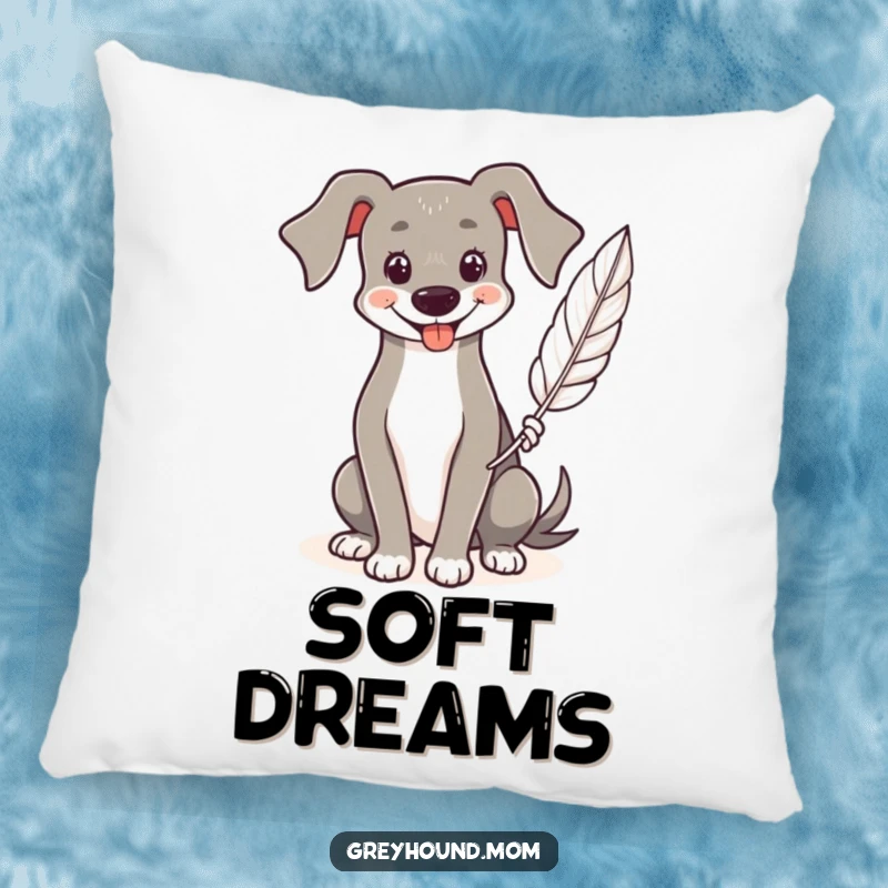 Funny Greyhound pillow, plush cushion of a smiling dog holding a delicate feather, soft and comforting.