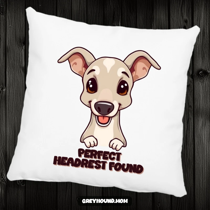 Funny Greyhound pillow showcasing a cheerful dog giving an elegant head nudge, offering comfort and a touch of refined humor.