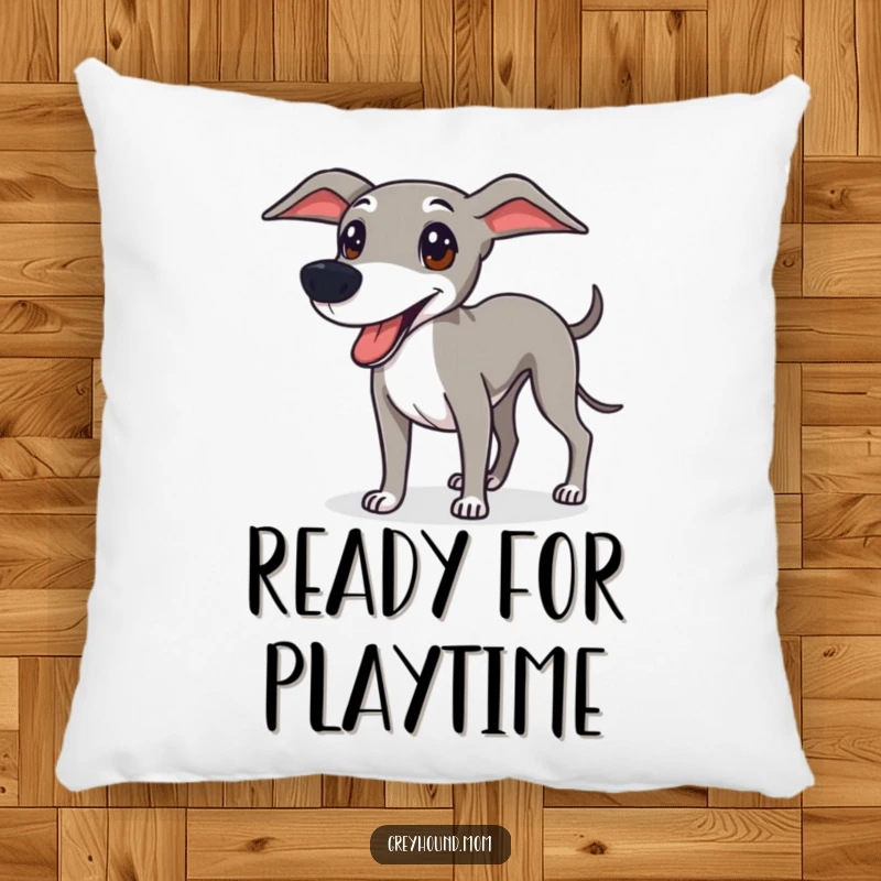 Funny Greyhound pillow showcasing a sleek dog ready for fun, offering comfort and a humorous, energetic decorative touch.