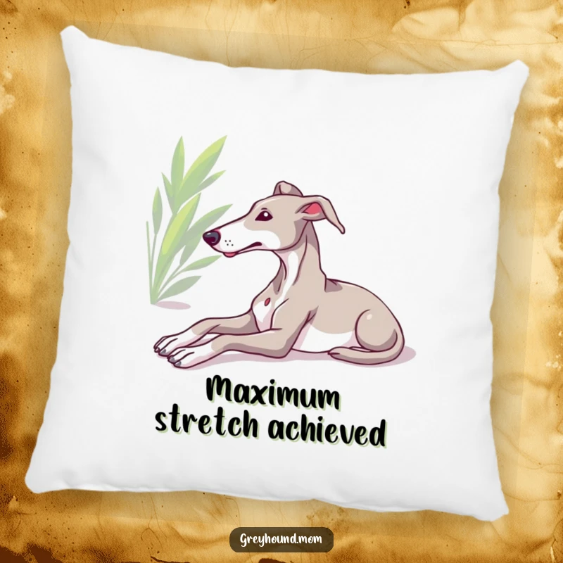 Funny Greyhound pillow, relaxed dog stretching in sun, soft and serene cushion, perfect humorous gift for home comfort.