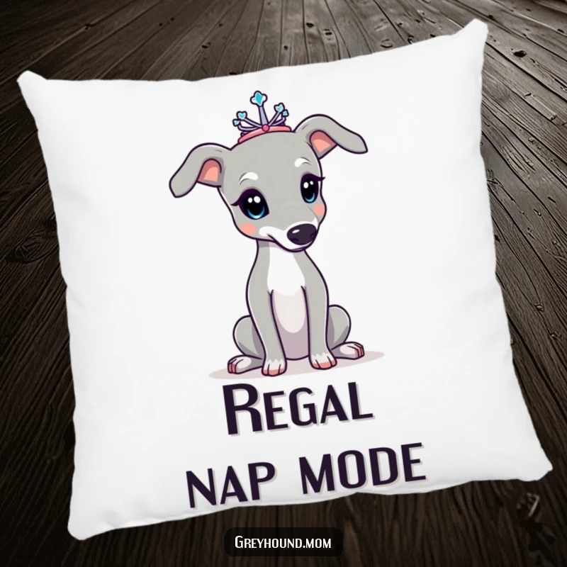 Funny Greyhound pillow, the dog wears a tiny tiara, posing with elegant grace. Ideal funny gift for home decor lovers.