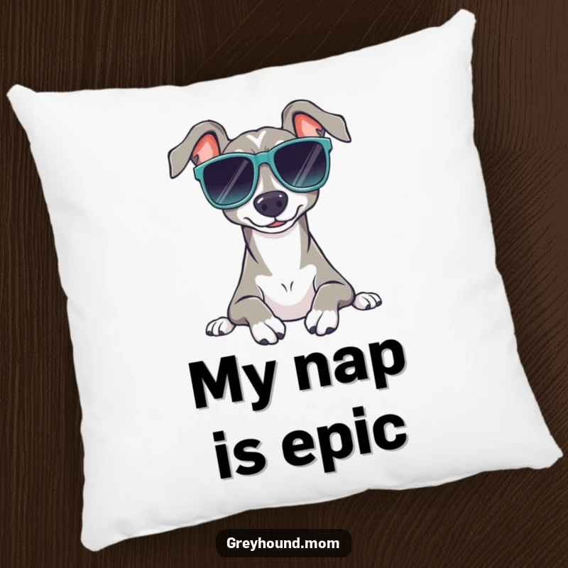 Funny Relaxed Greyhound Pillow: Soft cushion with a dog in sunglasses, relaxing, a cozy funny gift.