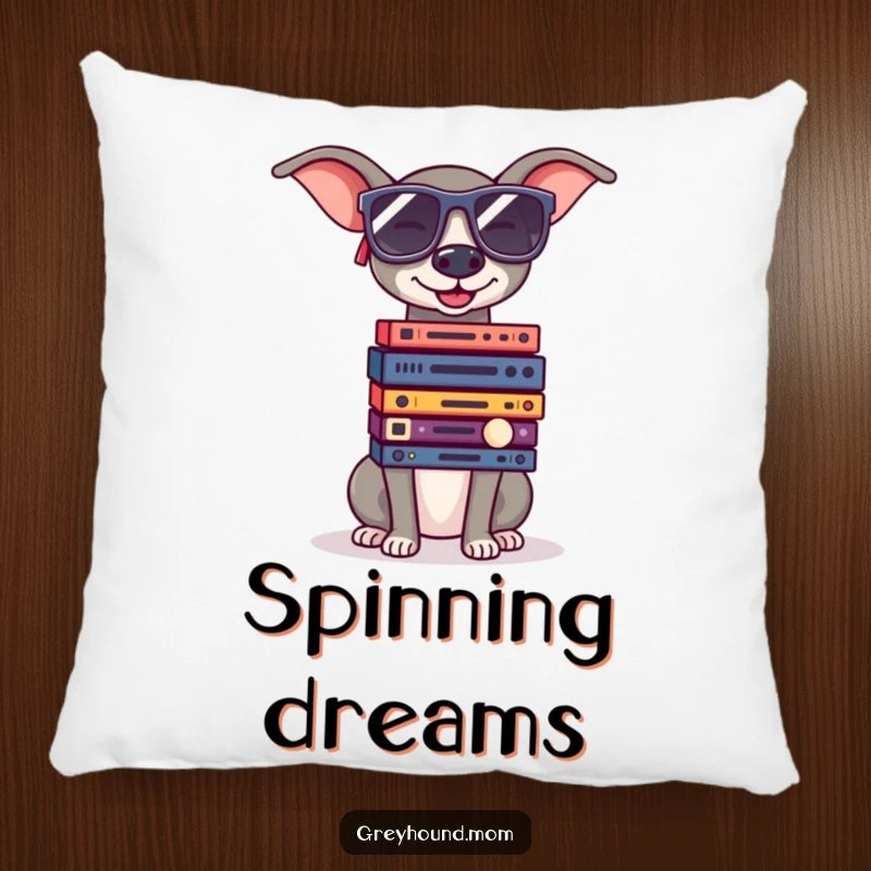 Funny Greyhound wearing large sunglasses, balancing tiny records, soft and humorous decorative pillow.