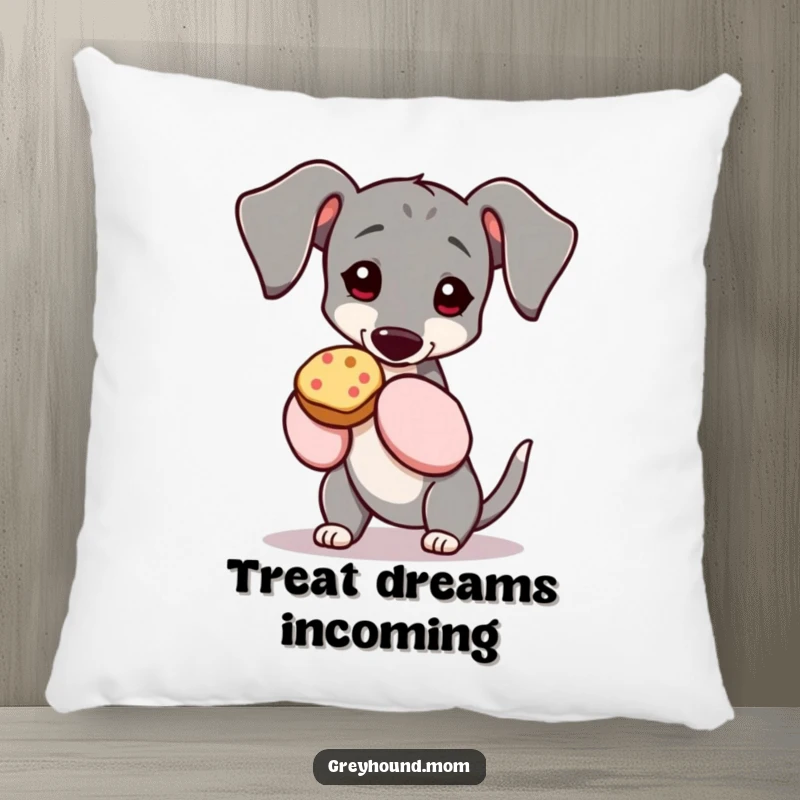 Funny Greyhound pillow, the dog wears oven mitts and holds a treat, adding a cozy and humorous touch to decor. Ideal funny gift for treat lovers.