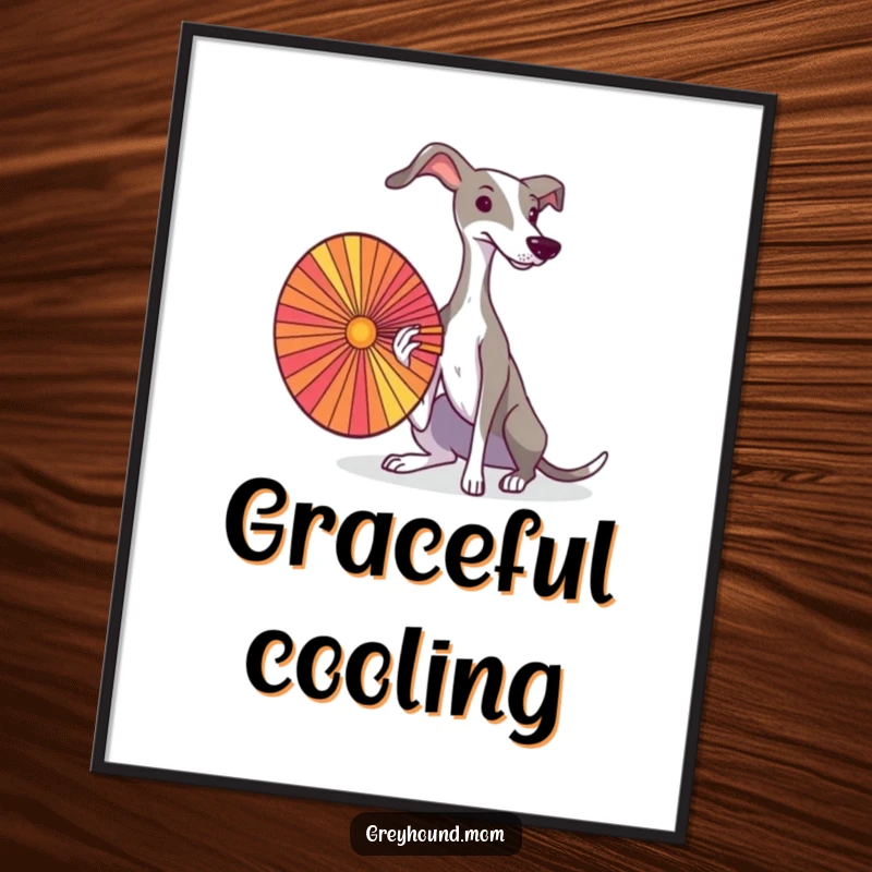 A graceful Greyhound elegantly fanning itself with a colorful fan, offered as a downloadable digital art print.