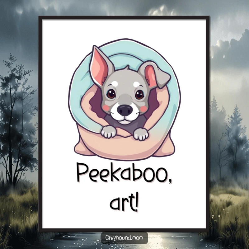 Funny Greyhound digital art, curious dog peeking from a blanket, instant printable decor, cute canine art, humorous gift.