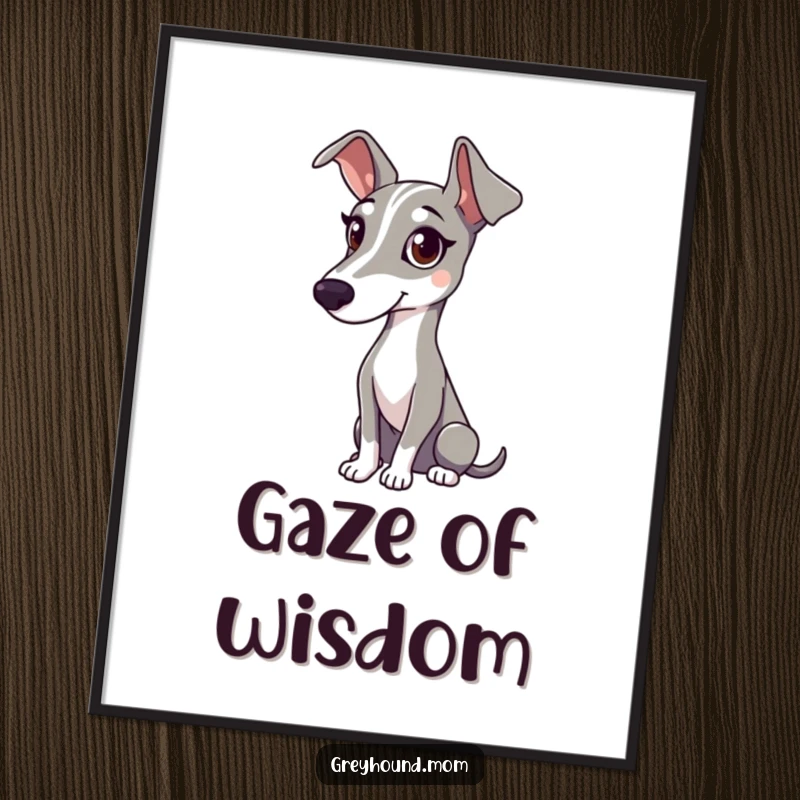 Funny digital art print of a Greyhound with a gentle gaze, attentively watching with peaceful focus.