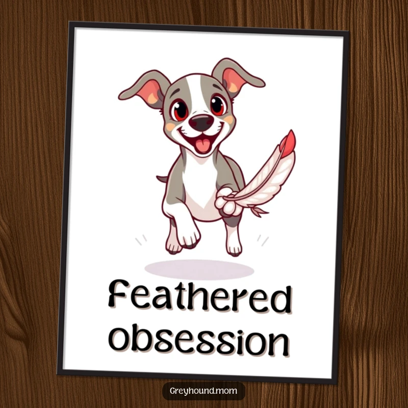 Funny digital art print of a Greyhound with eager eyes, enthusiastically chasing a feather toy.
