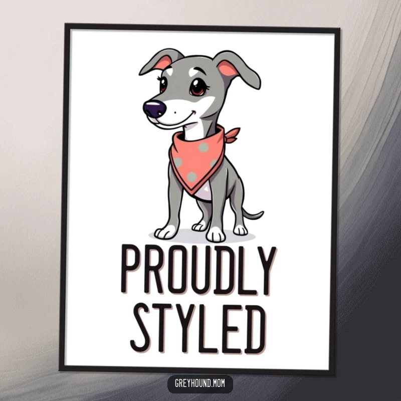 Funny Greyhound digital art, printable of a proud dog wearing a stylish bandana, cool canine vibes.