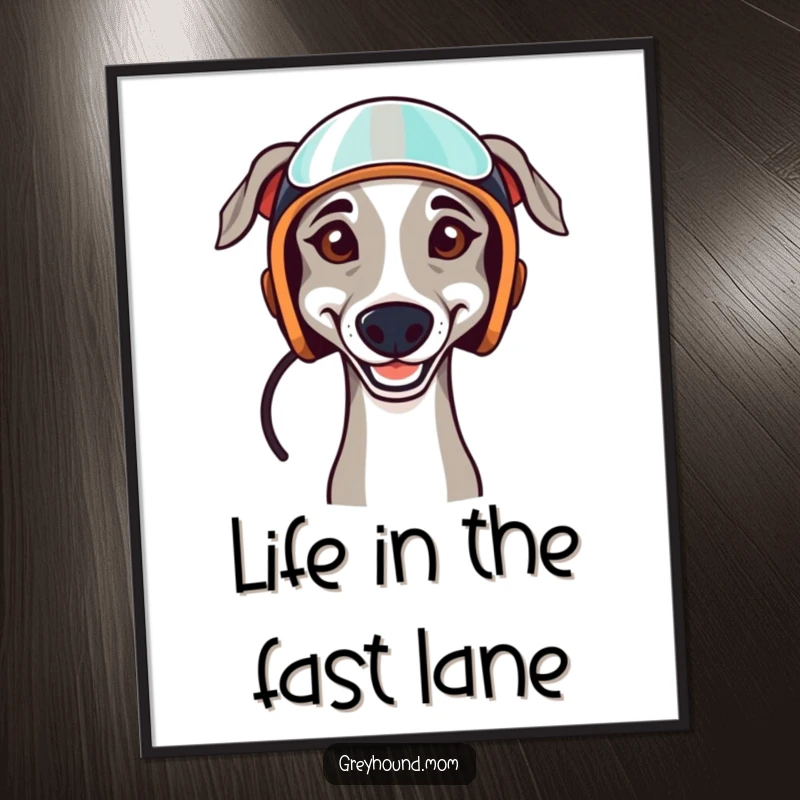 Funny digital art print of a determined Greyhound dog wearing a racing helmet, evoking speed and canine competitive spirit instantly.