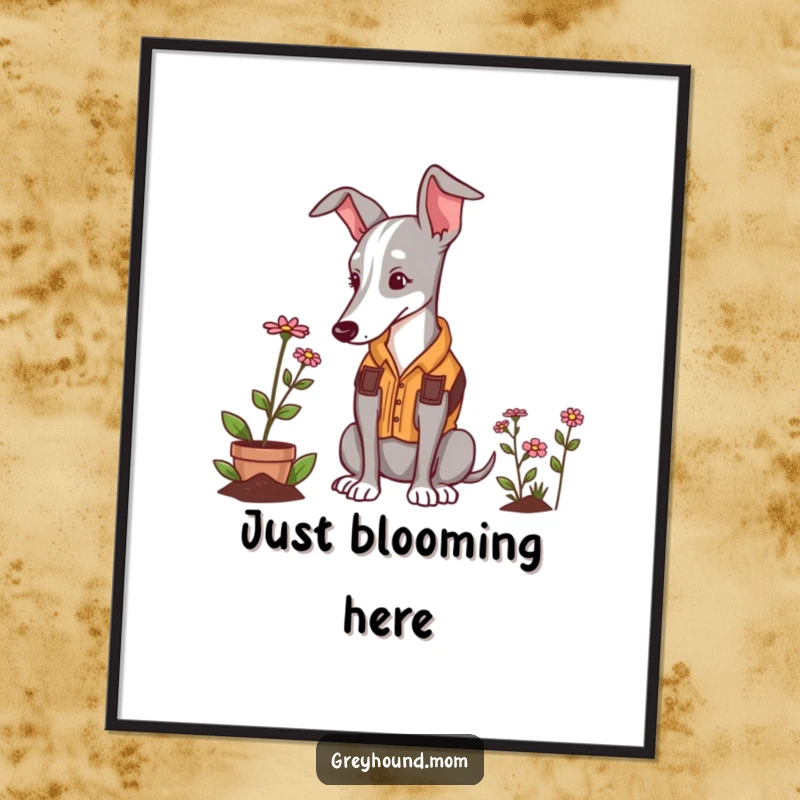 Funny Greyhound gardener digital art, a dog in a vest admiring a flower, instant download.