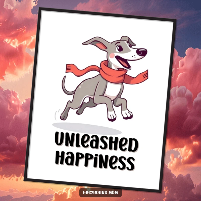 Funny Greyhound wearing a sleek racing scarf, captured in a joyful, speedy run, presented as dynamic and humorous digital art.