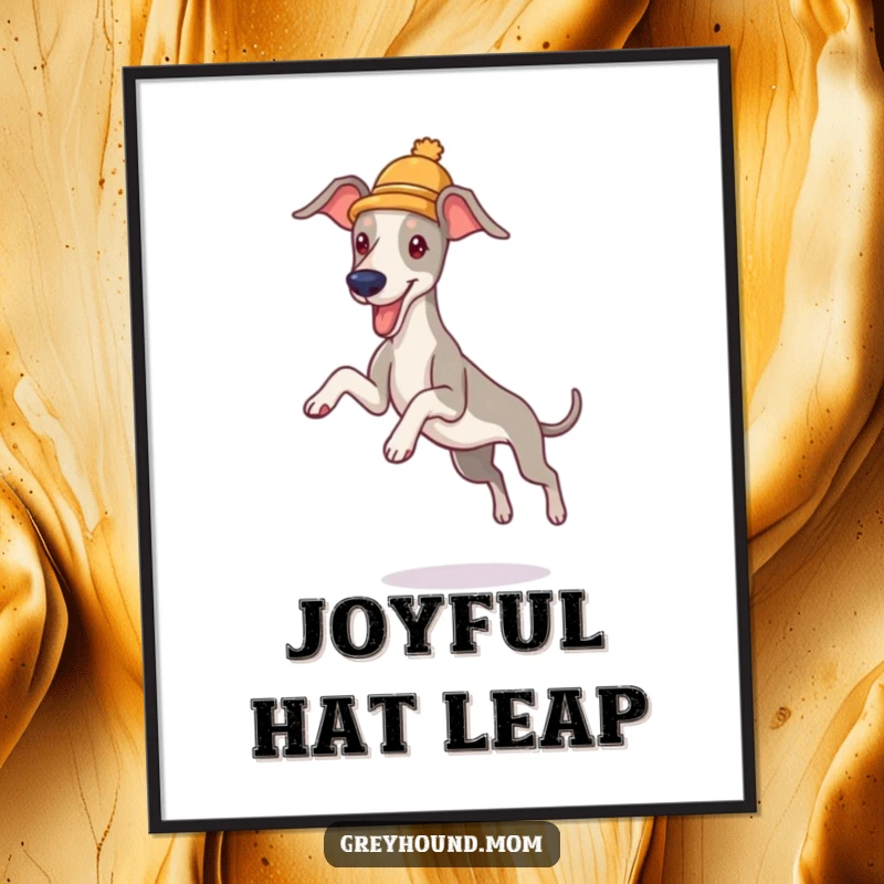 Funny Greyhound Hat Digital Art: Printable art of a dog in a hat, leaping playfully, a charming funny gift.