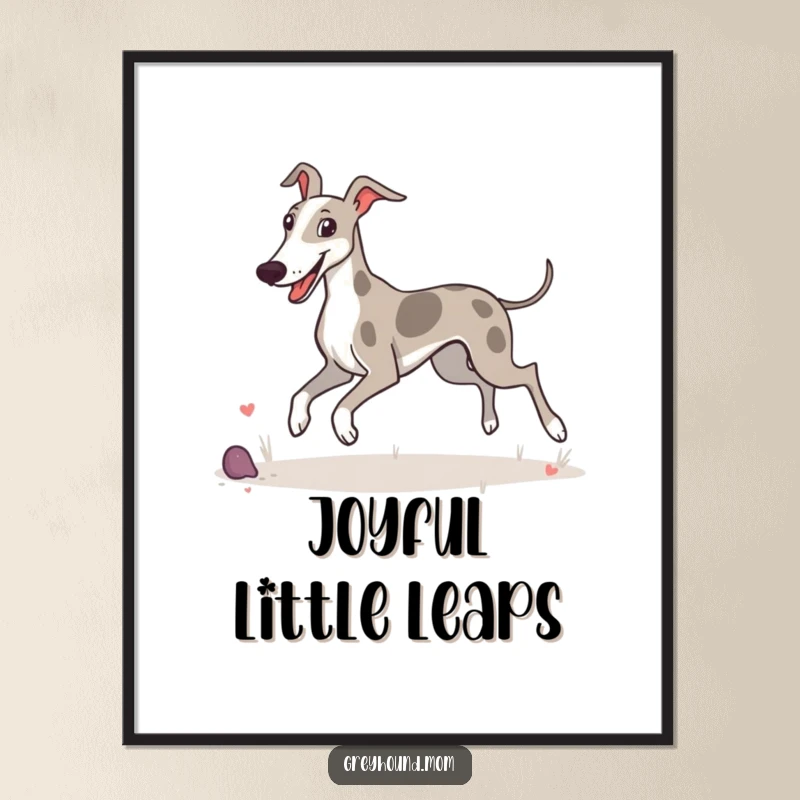 Funny digital art print of a Greyhound happily prancing and enjoying its surroundings with pure delight.