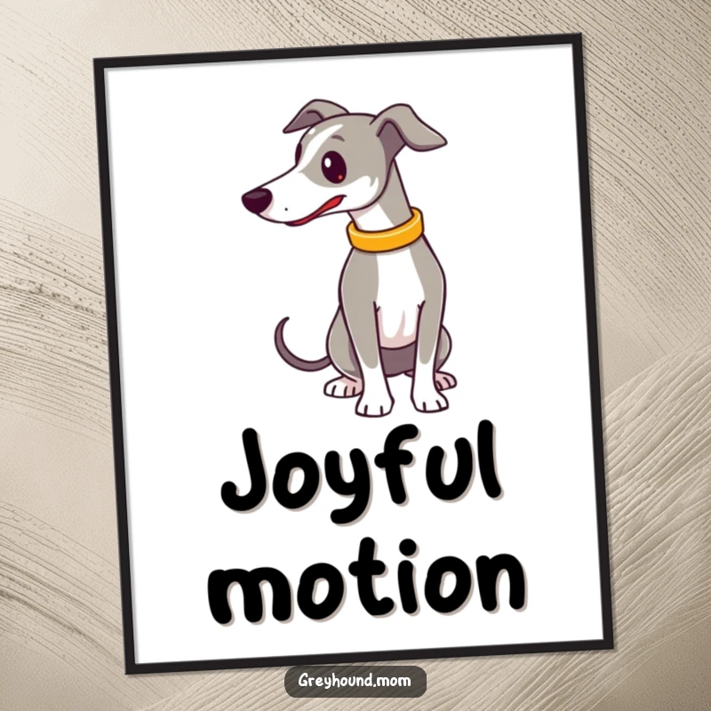 Funny Digital Art Print: A happy Greyhound with a shiny collar is captured mid-tail wag, radiating infectious canine joy.