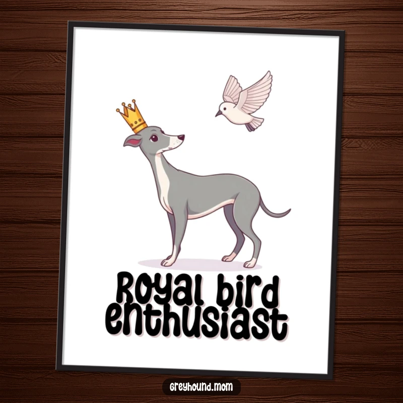 Funny Greyhound digital art, printable of a crowned dog intently watching a soaring bird, regal focus.