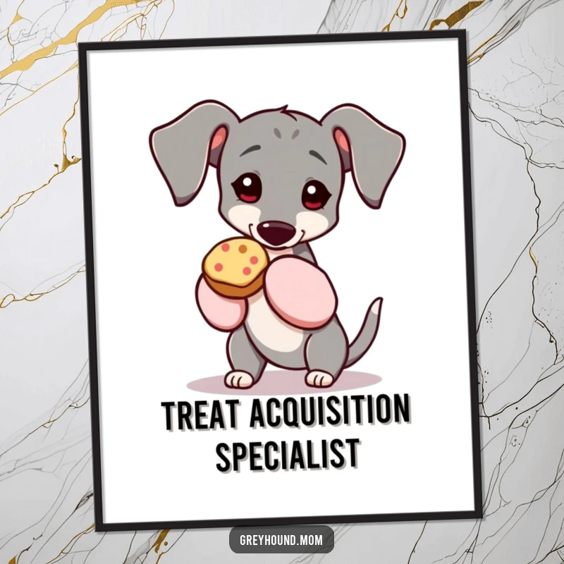 Funny Greyhound digital art, a whimsical illustration of the dog with oven mitts holding a treat, ready to print and frame. Perfect funny gift.