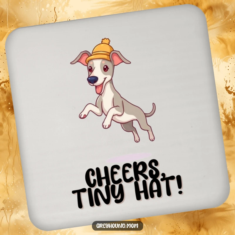 Funny Greyhound Hat Coaster: Set of coasters with a dog wearing a hat, leaping, a humorous and practical funny gift.