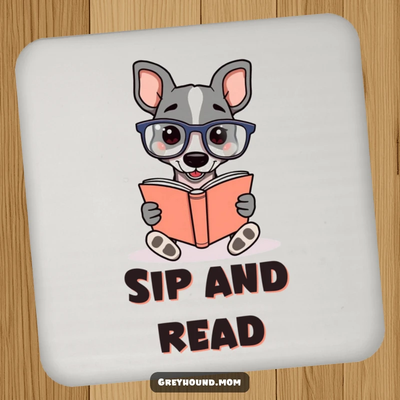 Funny Greyhound wearing reading glasses, enthusiastically reading a book, displayed on drink coasters for humorous literary decor.