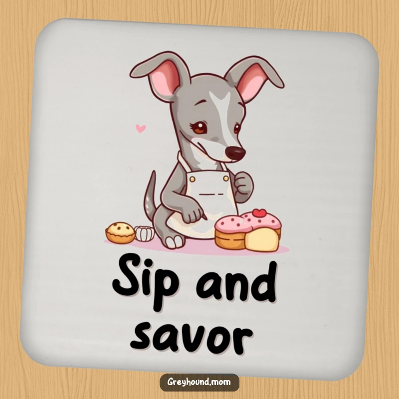 Funny Greyhound baker coaster with a slender dog in an apron, delicately decorating a tiny pastry, adding artistic protection to surfaces.
