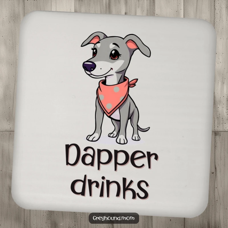Funny Greyhound coaster, drink accessory with a proud dog wearing a bandana, protects surfaces with style.