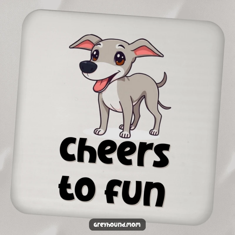 Funny Greyhound drink coaster featuring a sleek dog ready for fun, offering surface protection with energetic canine humor.