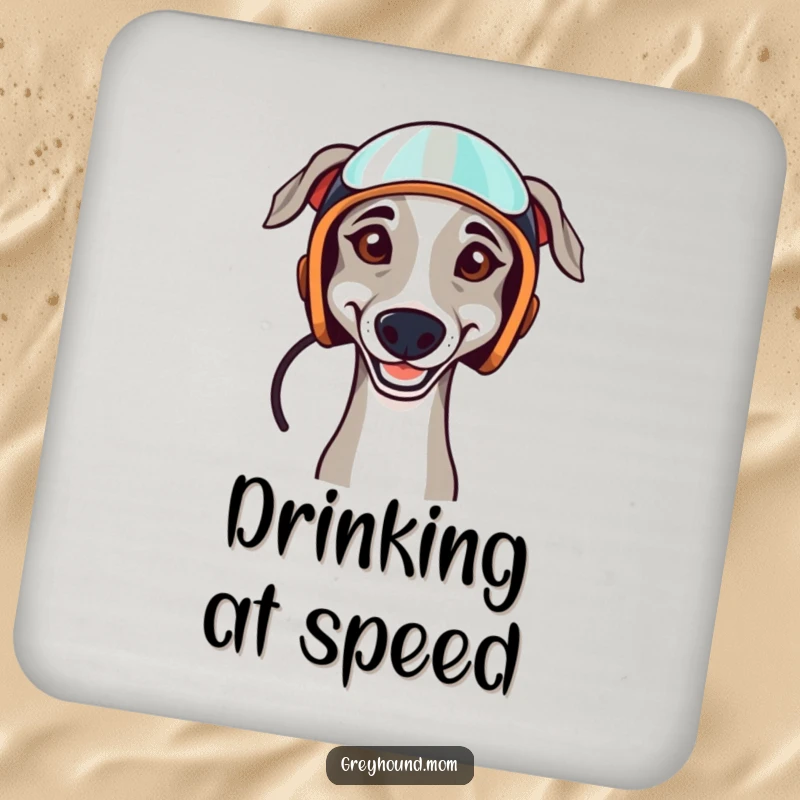 Funny drink coaster featuring a determined Greyhound wearing a racing helmet, adding a whimsical touch of canine racing spirit.