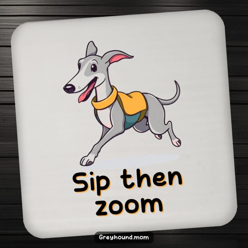 Funny drink coaster showcasing a joyous Greyhound in a sporty vest, trotting with athletic grace.