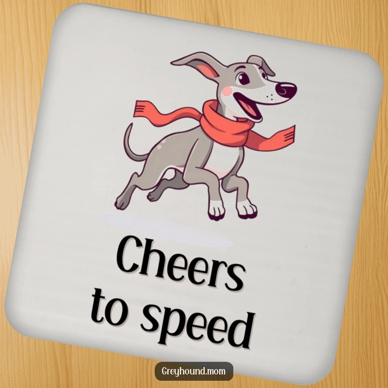 Funny Greyhound wearing a sleek racing scarf, running with pure joy, displayed on drink coasters for humorous and protective table decor.