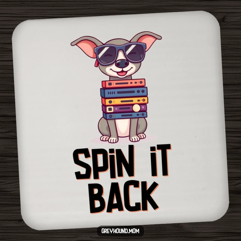 Funny Greyhound with sunglasses, balancing tiny records, humorous and protective drink coasters.