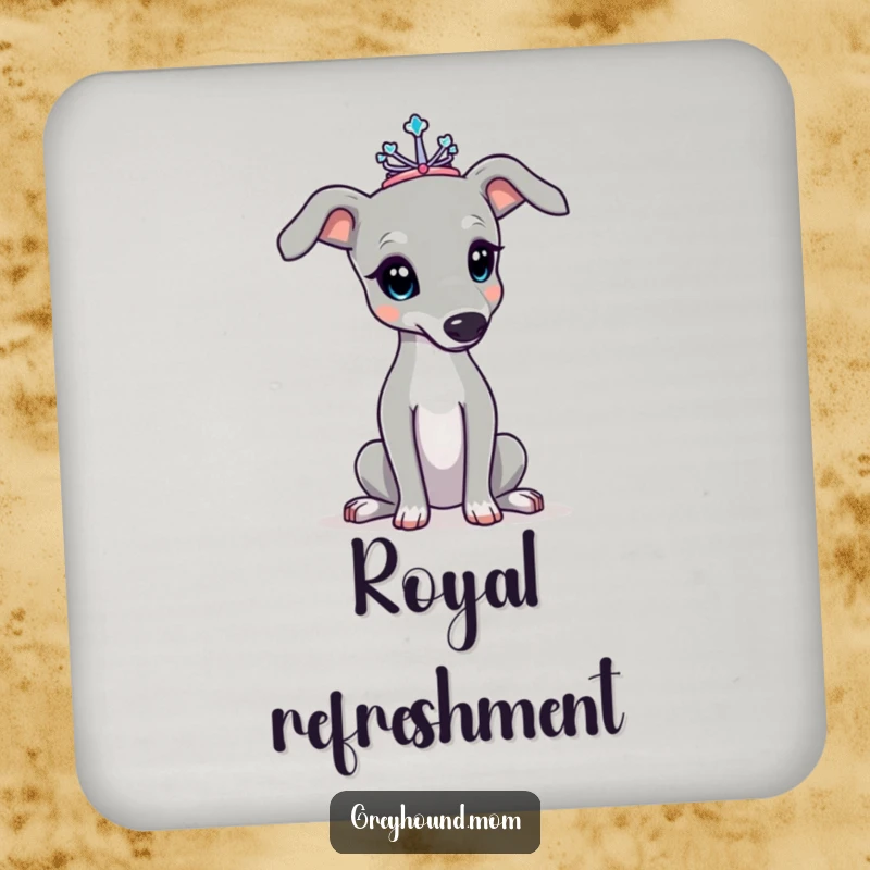 Funny Greyhound drink coaster, dog wearing a tiny tiara, posing elegantly, a sophisticated and practical accent. A great funny gift.