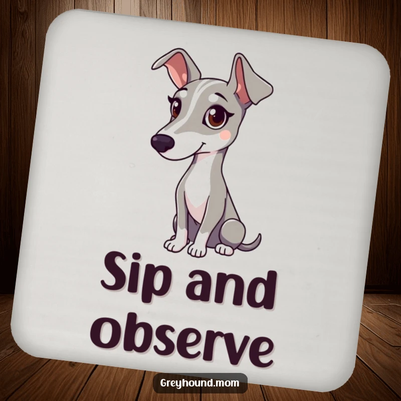 Funny drink coaster featuring a Greyhound with a gentle gaze, watching attentively.