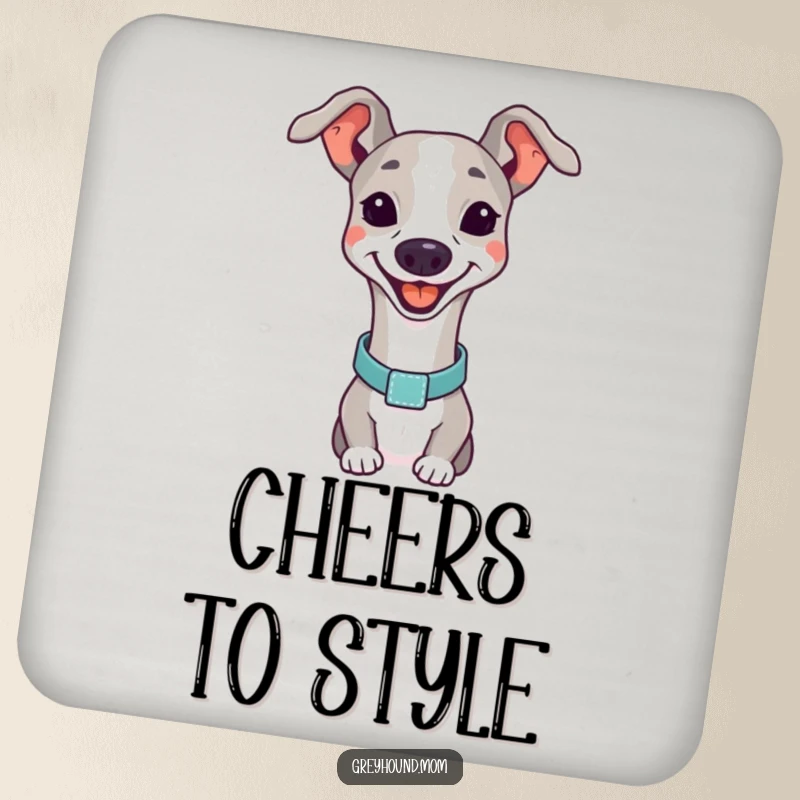 Funny Greyhound smiling drink coaster, a dog with an elegant collar, elegant decor.