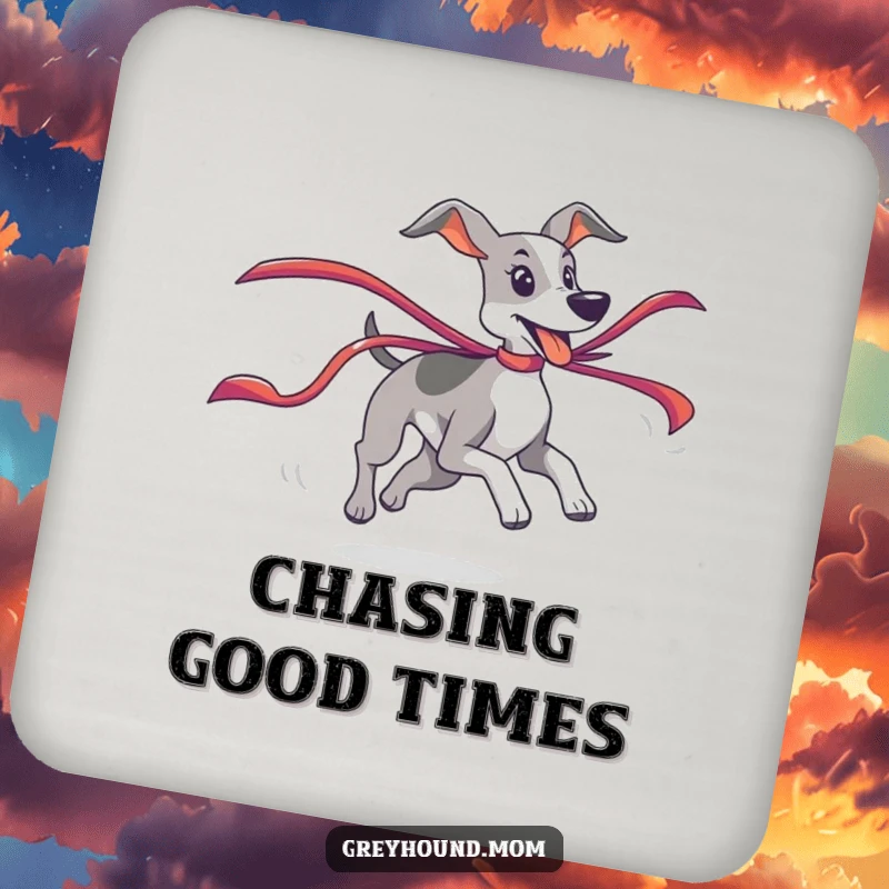 Funny Greyhound Coaster depicting a playful chase of a colorful ribbon, a fun and humorous gift.