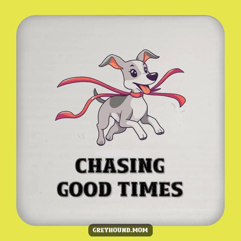 Funny Playful Greyhound Coaster: Ribbon Chase Art - Chic Home Gift