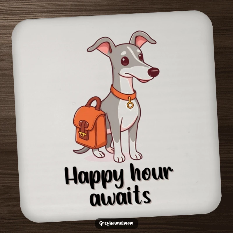 Funny Greyhound satchel drink coaster, a dog ready for an outing, travel decor.