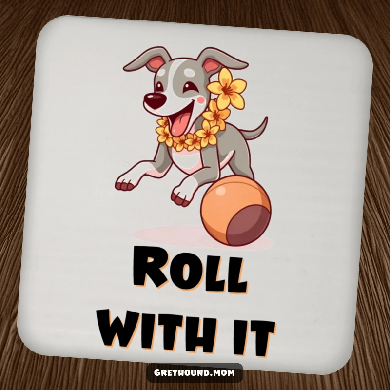 Funny Greyhound wearing a flower lei, joyfully running, chasing a rolling ball, humorous and protective drink coasters.
