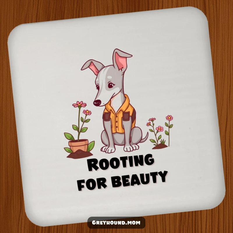 Funny Greyhound gardener drink coaster, a dog in a vest admiring a tiny flower.