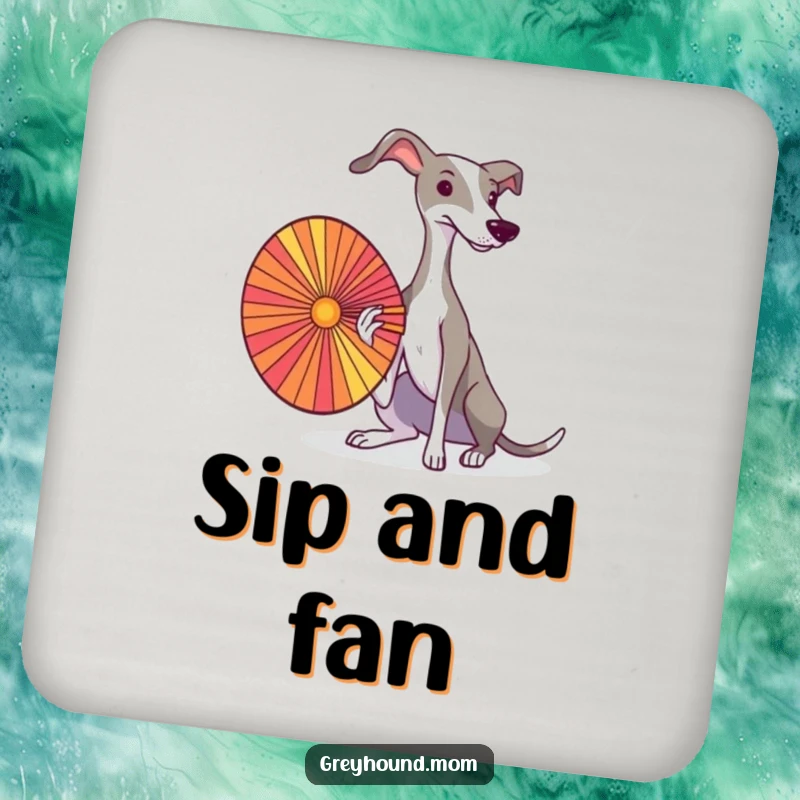 A graceful Greyhound fanning itself with a colorful fan, depicted on a protective drink coaster.
