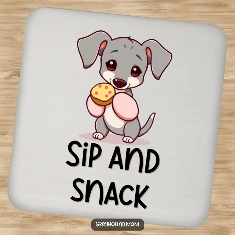 Funny Greyhound drink coaster, dog wearing oven mitts and holding a treat, a humorous and practical accent. A great funny gift.